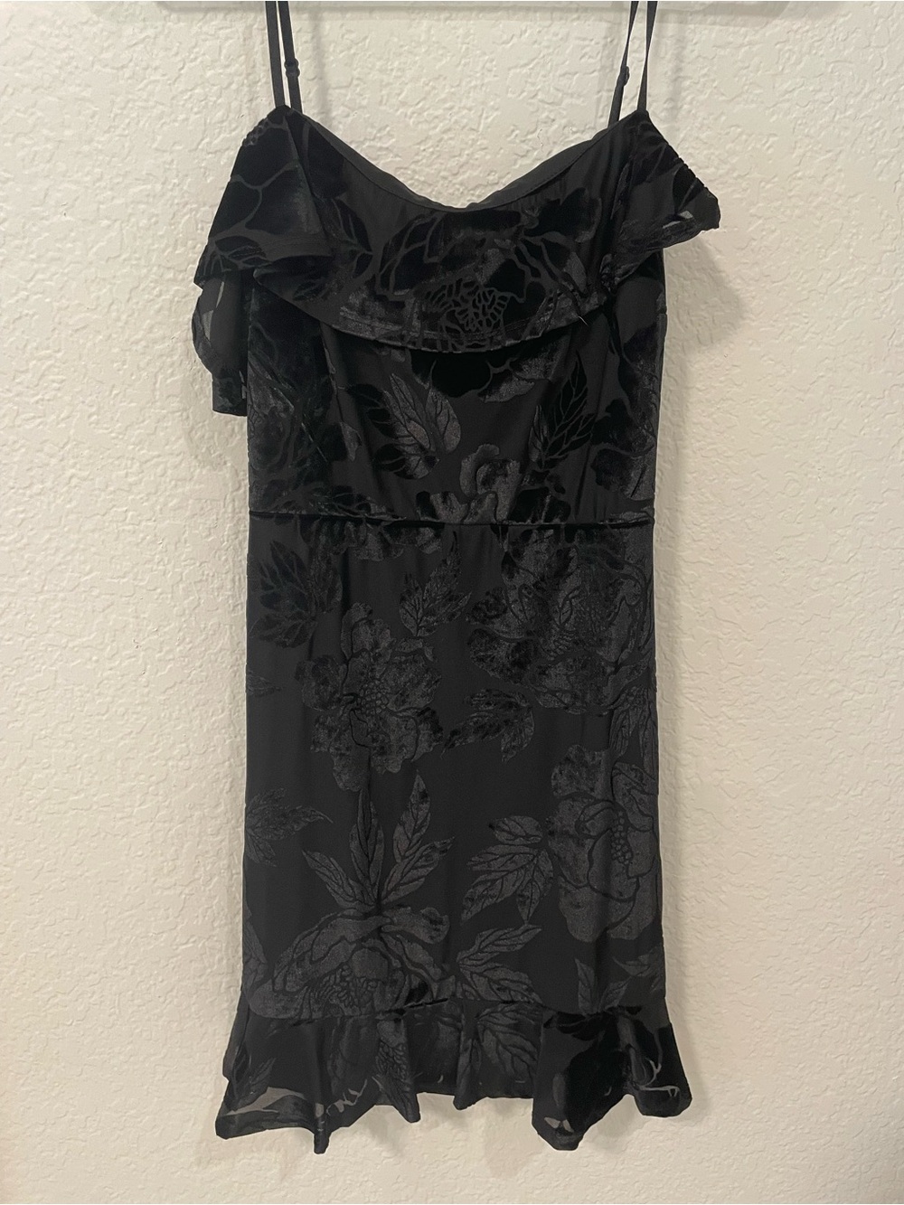 Black Floral Velvet-Detail Ruffle Slip Dress